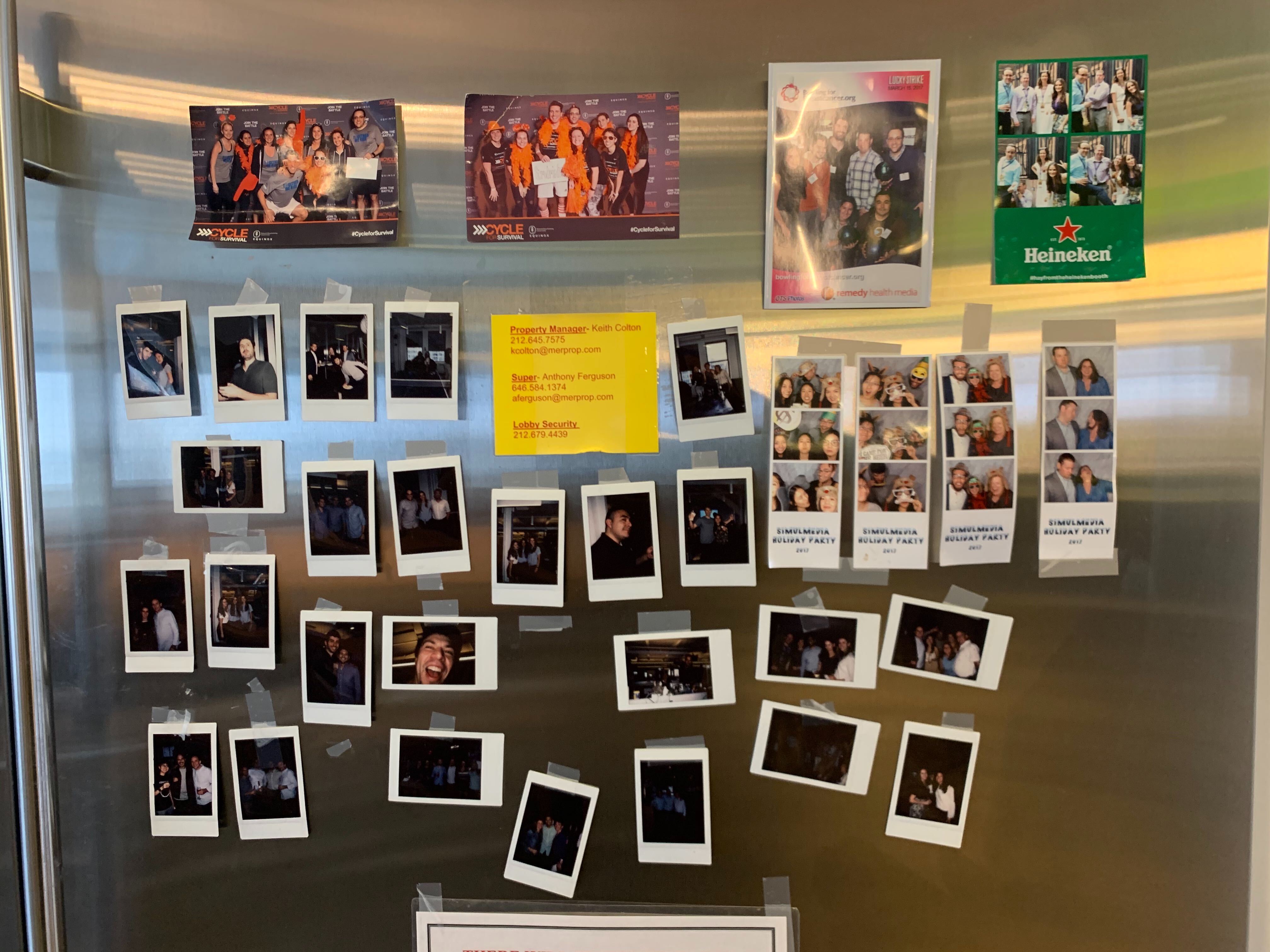 Pictures on the office fridge.